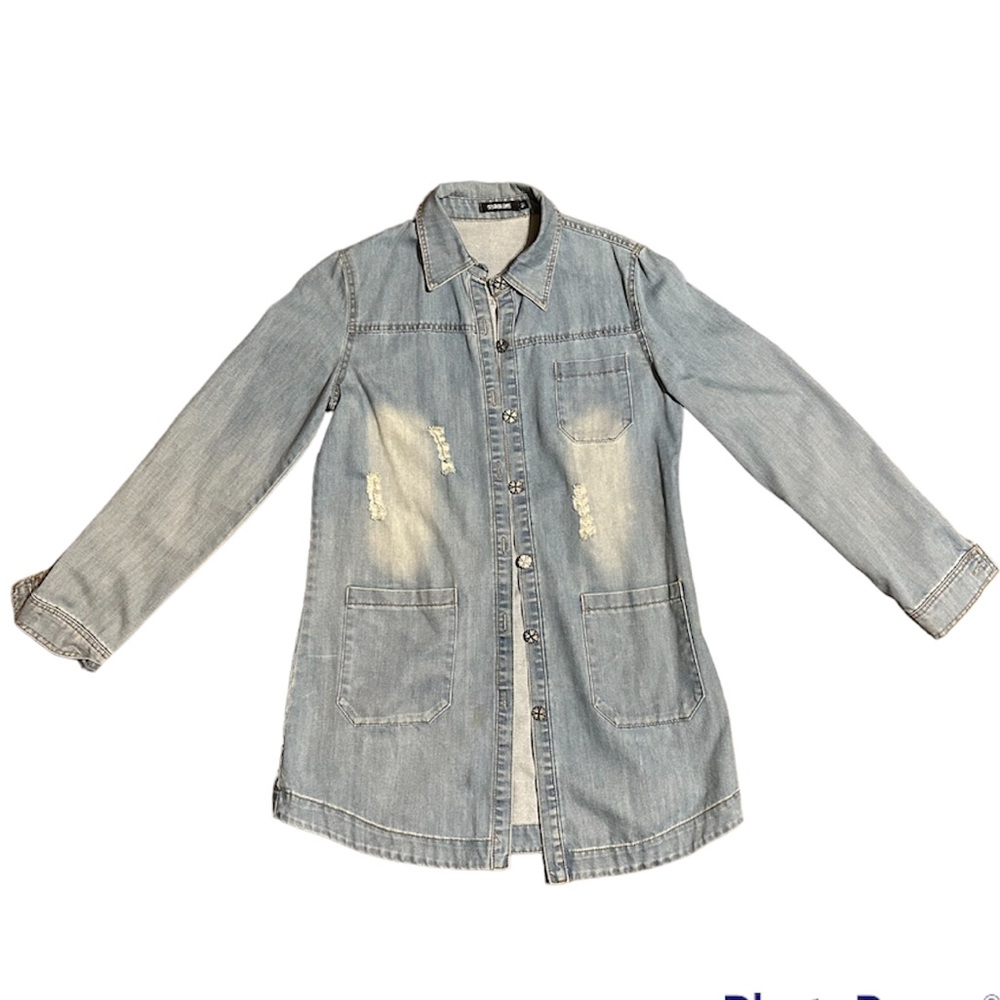 Light Wash Longline Distressed Denim Jacket